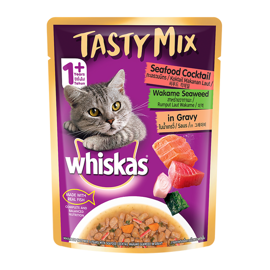 Whiskas Adult (1+ Year) Tasty Mix Wet Cat Food Made With Real Fish, Seafood Cocktail Wakame Seaweed Ingravy (Pack of 12)