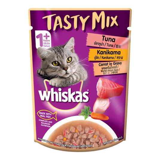 Whiskas Adult (1+ year) Tasty Mix Wet Cat Food Made With Real Fish, Tuna With Kanikama And Carrot ingravy (Pack of 12)