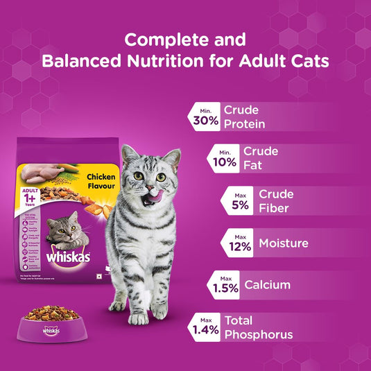 Whiskas Dry Cat Food for Adult Cats (1+ Years), Chicken Flavour,