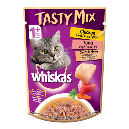 Whiskas Adult (1+ year) Tasty Mix Wet Cat Food Made With Real Fish, Chicken With Tuna And Carrot ingravy (Pack of 12)