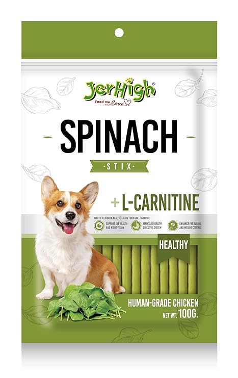 Jerhigh Chicken Dog Treats, Human Grade High Protein Chicken, Fully Digestible Healthy Snack & Training Treat, Free from by-Products & Gluten, Spinach,Pack of 3