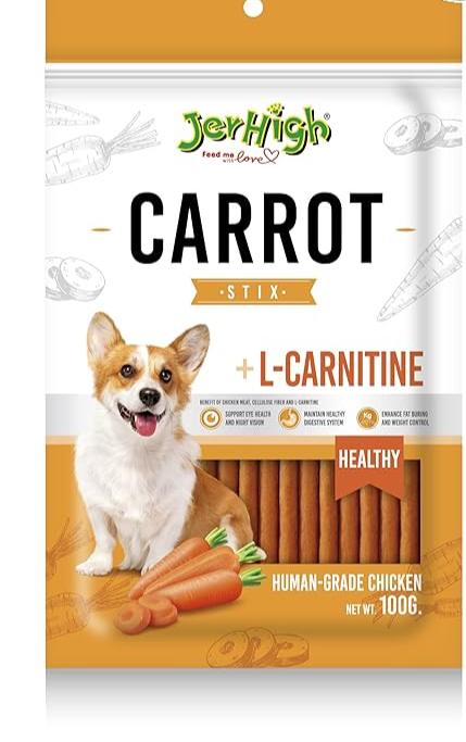 JerHigh Chicken Dog Treats,Human Grade High Protein Chicken,Fully Digestible Healthy Snack & Training Treat,Free from by-Products & Gluten,Carrot, All Life Stages,Stick,Pack Of 3