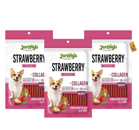 Jerhigh High Protein Human-Grade Chicken Dog Treats, Fully Digestible Healthy Snack & Training Treat, Strawberry Stick 100gm, Pack of 3