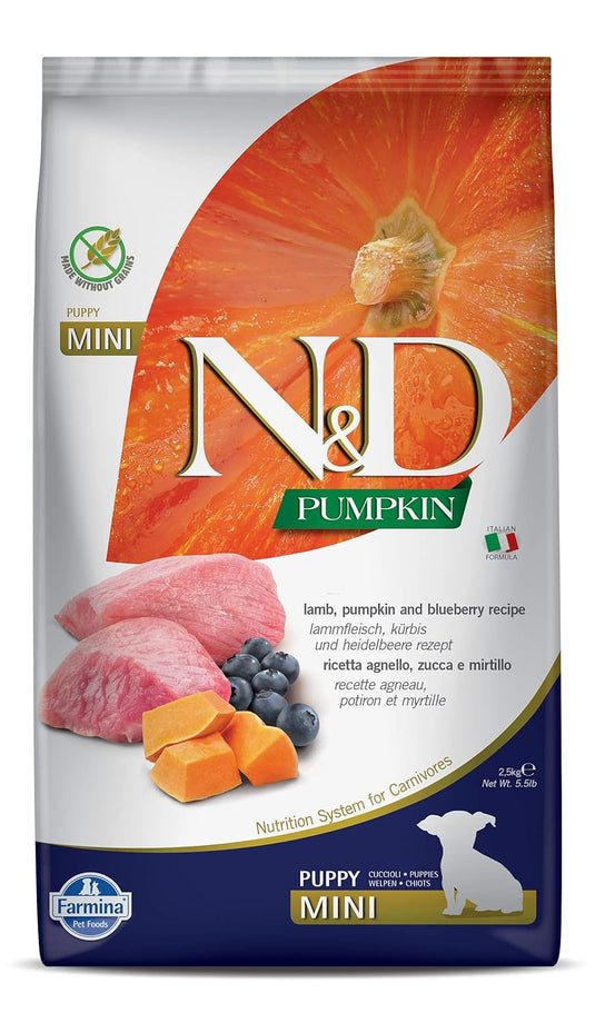 FARMINA N&D Pumpkin Dog Dry Premium Pet Food, Grain Free, Lamb & Blueberry, Puppy