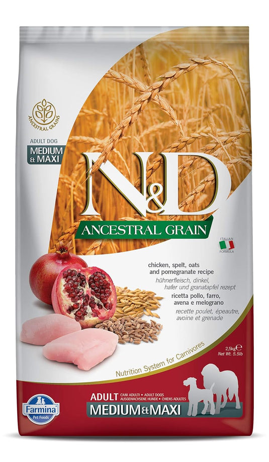 FARMINA N&D Ancestral Grain Dog Dry Premium Pet Food, Chicken & Pomegranate, Adult Medium & Maxi Breed