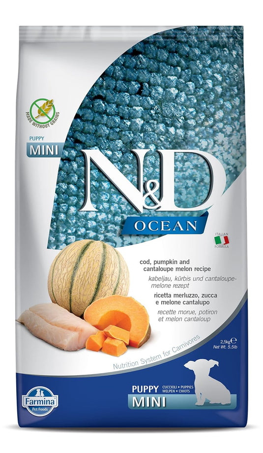 FARMINA N&D Ocean Puppy Dry Premium Pet Food, Grain Free, COD Pumpkin& Cantaloupe Melon, Puppy Mini Breed