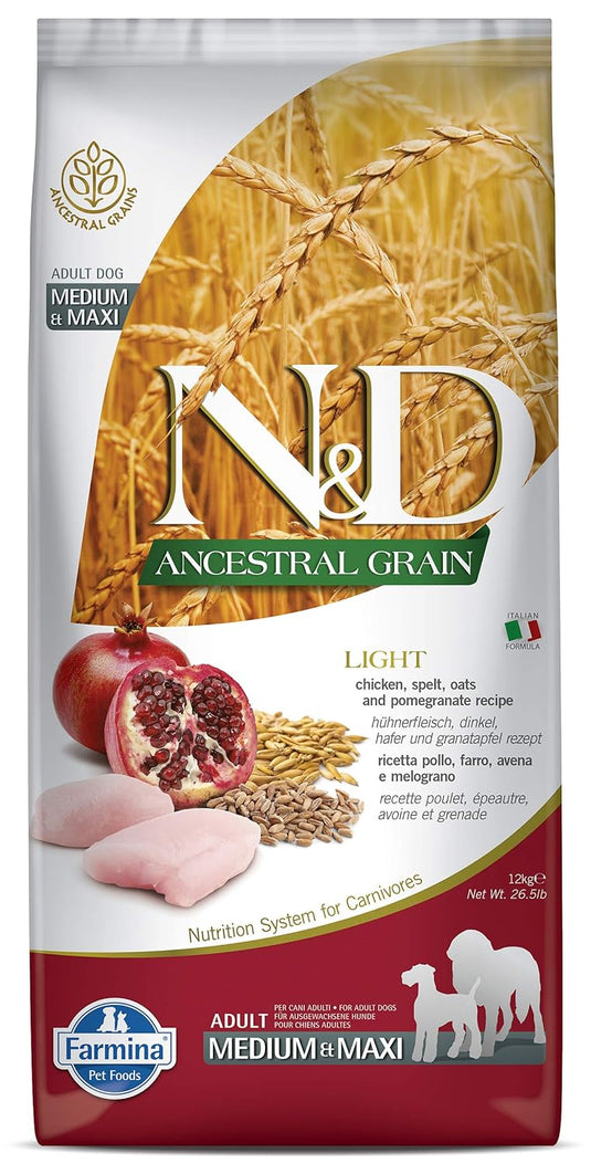 Farmina N&D Ancestral Light Grain Medium & Maxi Breed Adult Dry Dog Food - Chicken & Pomegranate