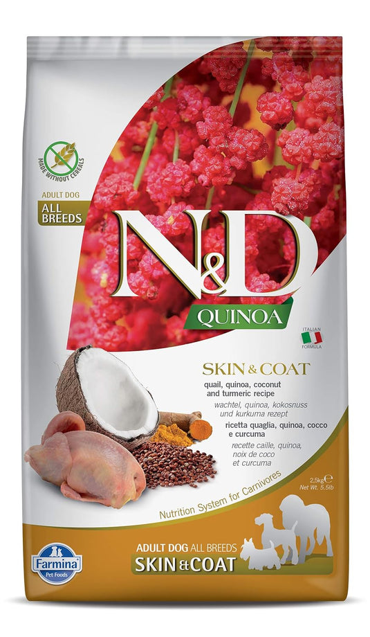 FARMINA N&D Quinoa Skin and Coat Dry Dog Food,grain-Free, Adult Breed, Quail Coconut and Turmeric