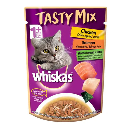 Whiskas Tasty Mix Adult (1+ Year) Wet Cat Food, Chicken with Salmon Wakame Seaweed ingravy, Made with Real Fish Complete & Balanced Nutrition for Adult Cat (Pack of 12)