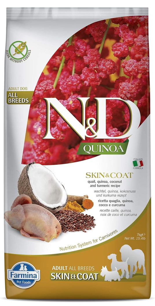 FARMINA N&D Quinoa Skin and Coat Dry Dog Food,grain-Free, Adult Breed, Quail Coconut and Turmeric